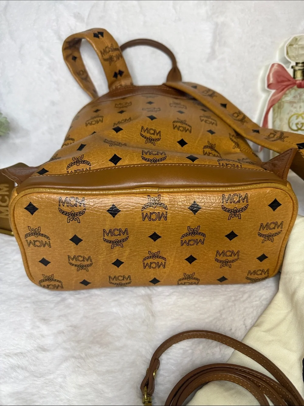 MCM Cognac Visetos Monogram Studded 2- Way Backpack Removable Pouch and Strap